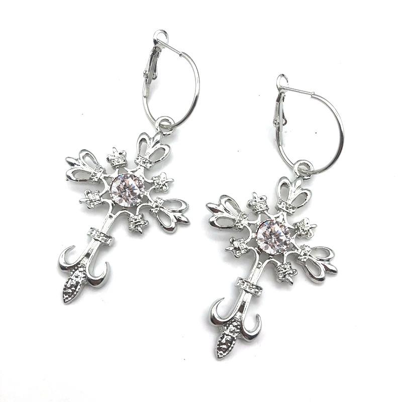 Gothic Punk Hollowed-out Cross Anchor Red Zircon Pendant Dangle Earrings for Women Personality Charm Hoop Earring Jewelry Gifts