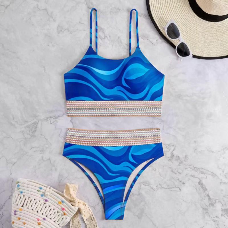 Swimsuit Women s Split Sexy Bikini High Waist Blue Print Belly Cover Neck Tight S
