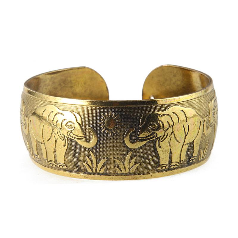 

Vintage Gold-Tone Elephant Engraved Wide Cuff Bracelet Adjustable Boho Bangle For Women & Men