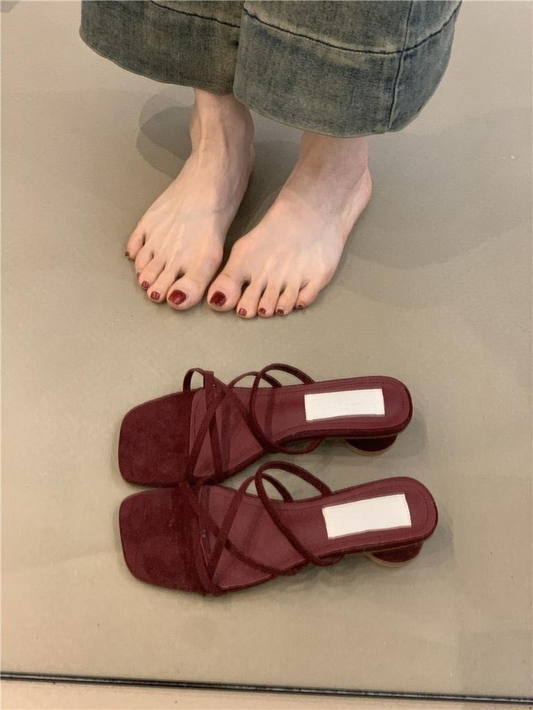 Coarse Heel French Small Cool Slippers Women's Shoes 2025 New Pink with Skirt Evening Breeze Word with Thick Heel Sandals Women