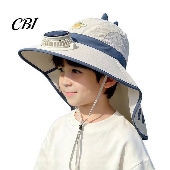Dinosaur Fishing Hat for Kids Sun with Solar Fan, Wide Brim UV Protection Beach Babies Neck Flap, Summer Cap Boys Girls Camping