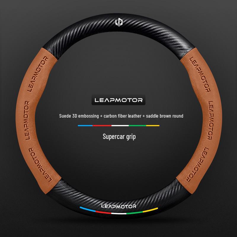 Universal Non-Slip Suede 3D Embossed Genuine Leather Steering Wheel Cover for All Seasons