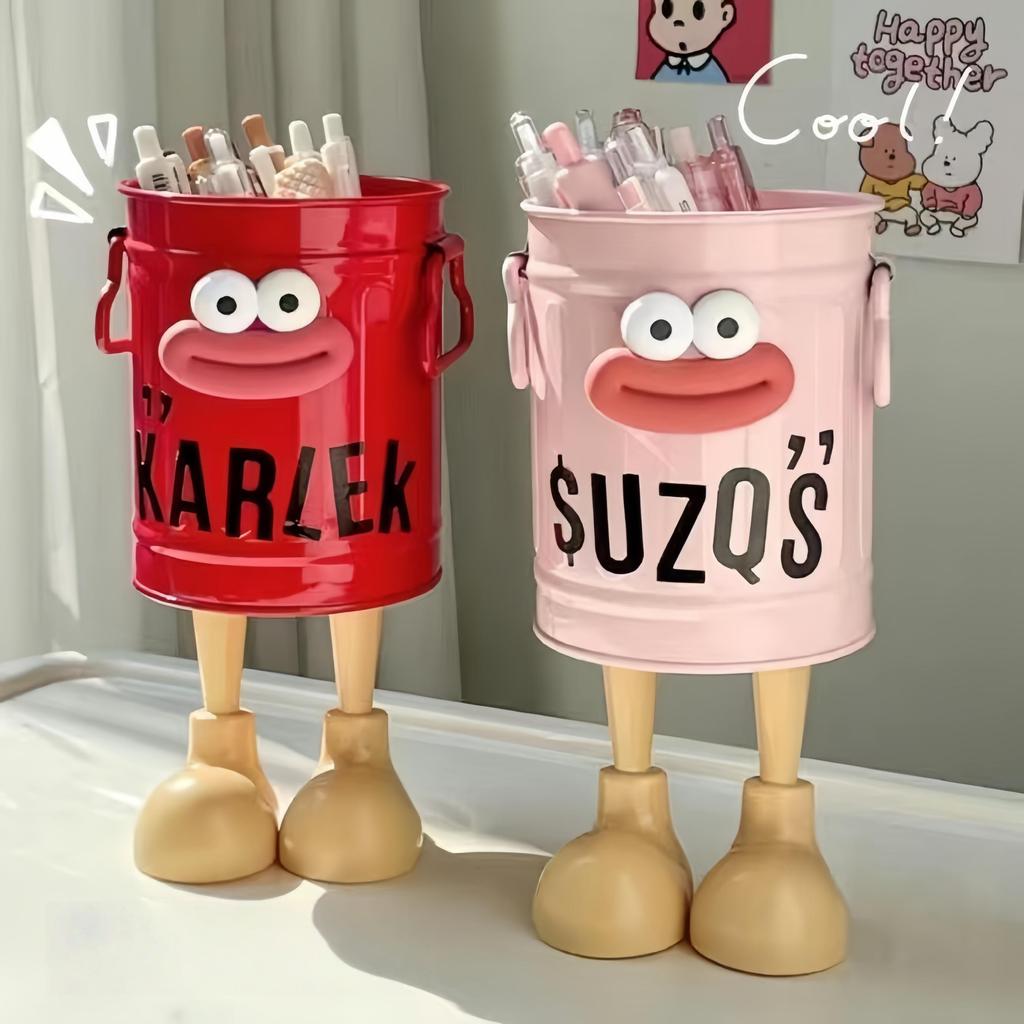 Plastic Pen Holder for Students Desktop Office Large Capacity Cute Cartoon Simple Retro Storage Organizer Bucket