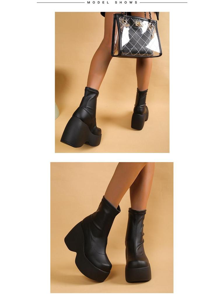 Stivaletti alla caviglia in pelle con plateau a zeppa suola spessa punta quadrata Donna 2022