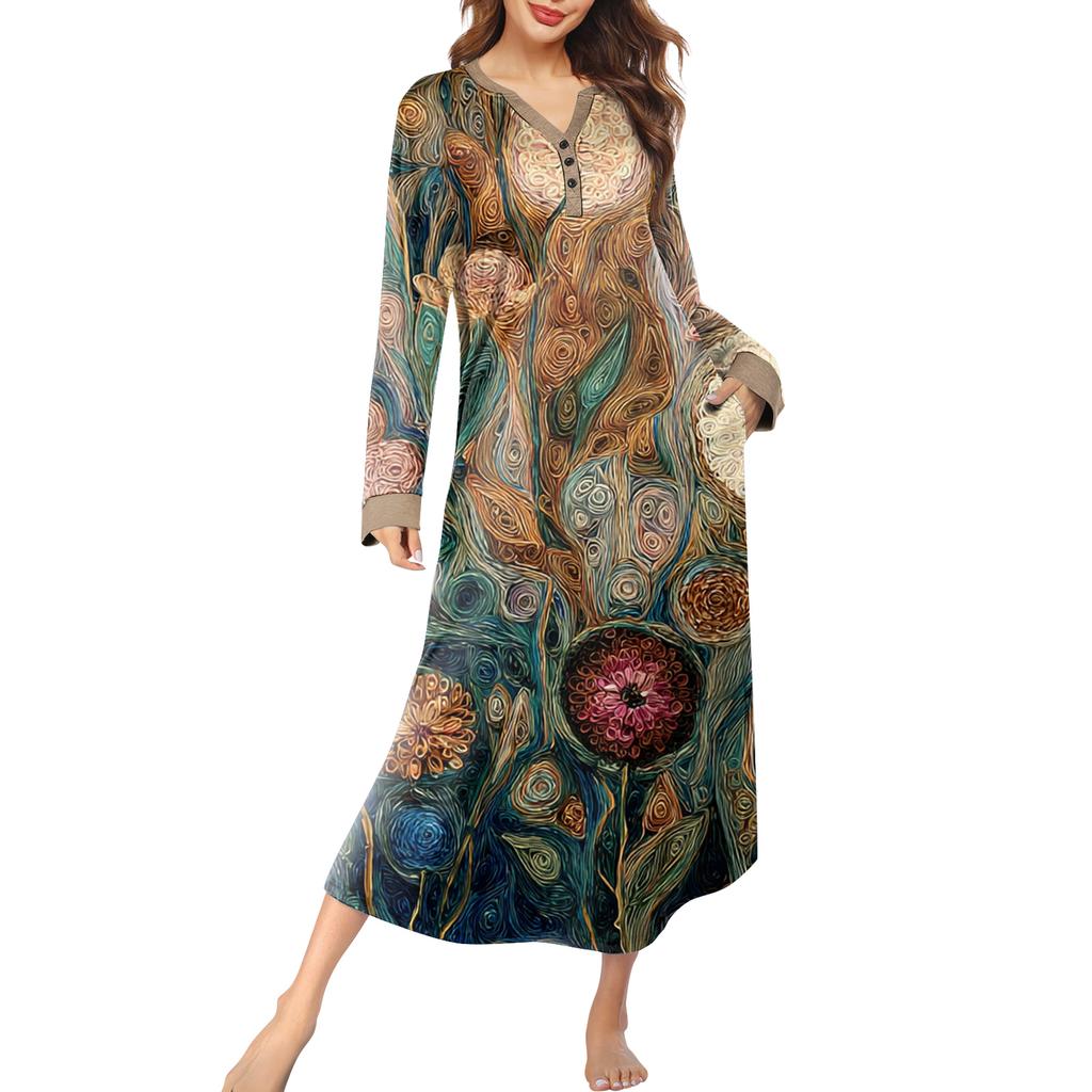 Women's Nightgown Long Loungewear V-neck Nightdress With Pockets