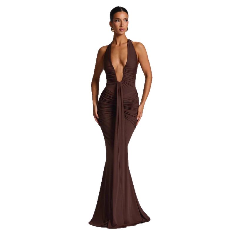 Amazon's New European and American Cross-Border Style Halter Neck Deep V-Neck Long Dress, Elegant and Sexy Backless Ruched Dress