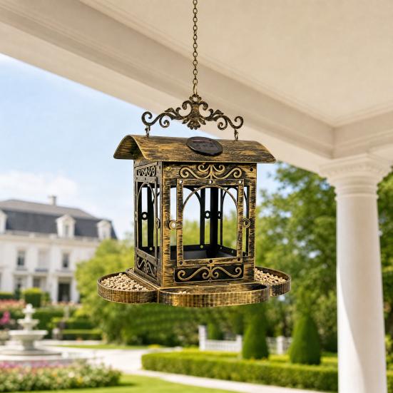 Solar Bird Feeder for Outdoors Hanging, Retro Carriage Shaped Metal Wild Bird Feeders, Solar Powered Garden Lantern for Patio, Yard, Gifts for Bird