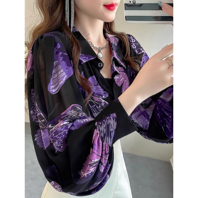 Camicia Viola Chic con Stampa Farfalle Primavera Top alla Moda Lento in Chiffon con Maniche a Lanterna per Donne