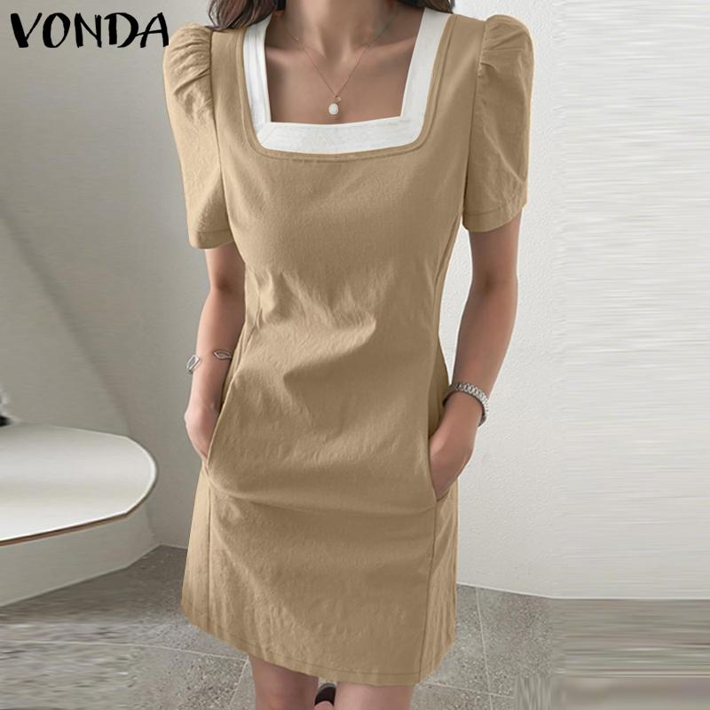 VONDA Women Square Collar Short Sleeve Stitching Pocket Casual Thigh Length Dress