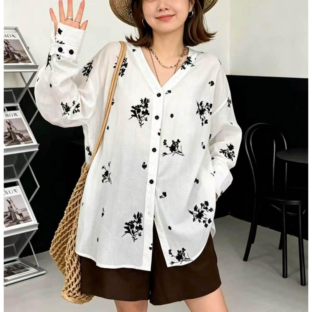 DIMANAF 2026 Women Plus Size New Summer Blouse Shirt Long Sleeve Embroidery Floral Casual Loose Lady Tops Shirts