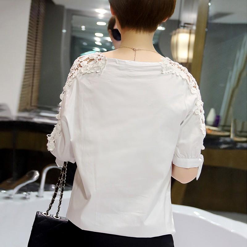 Women Solid Color Hollow Out Blouse Women Casual Cotton Half Sleeve V-neck Shirts Tops