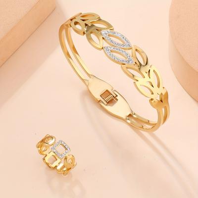 New Stainless Steel Hand Jewelry Hollow Wheat Spike Inlaid Diamond Bracelet18k Gold-plated Light Luxury Bracelet+Ring Set