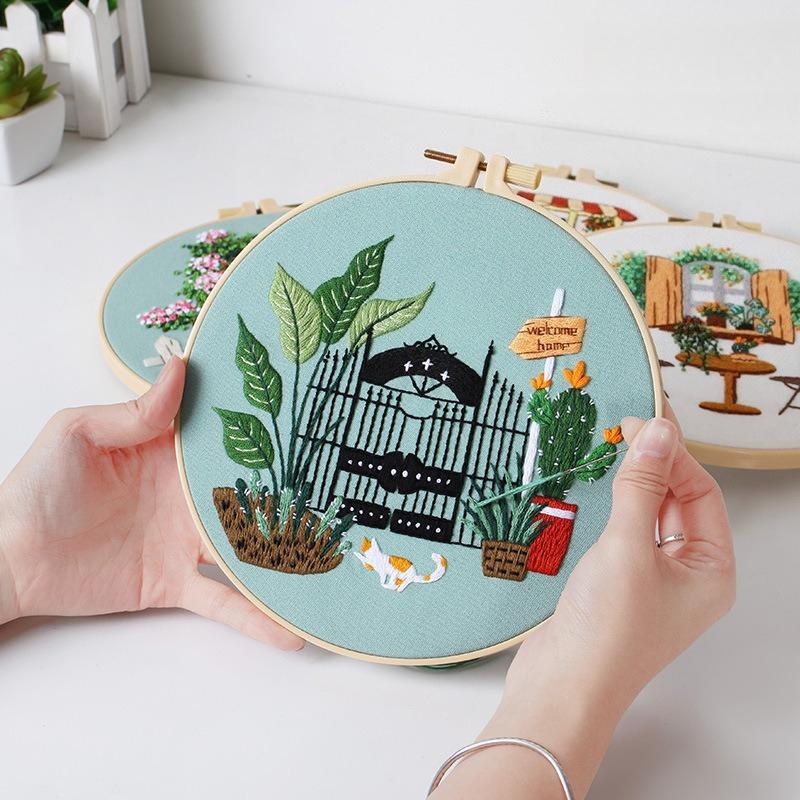 1Pc Quiet Time Home Living Green Plant Coffee Table DIY Embroidery Needlework Bamboo Embroidery Frame English Kit