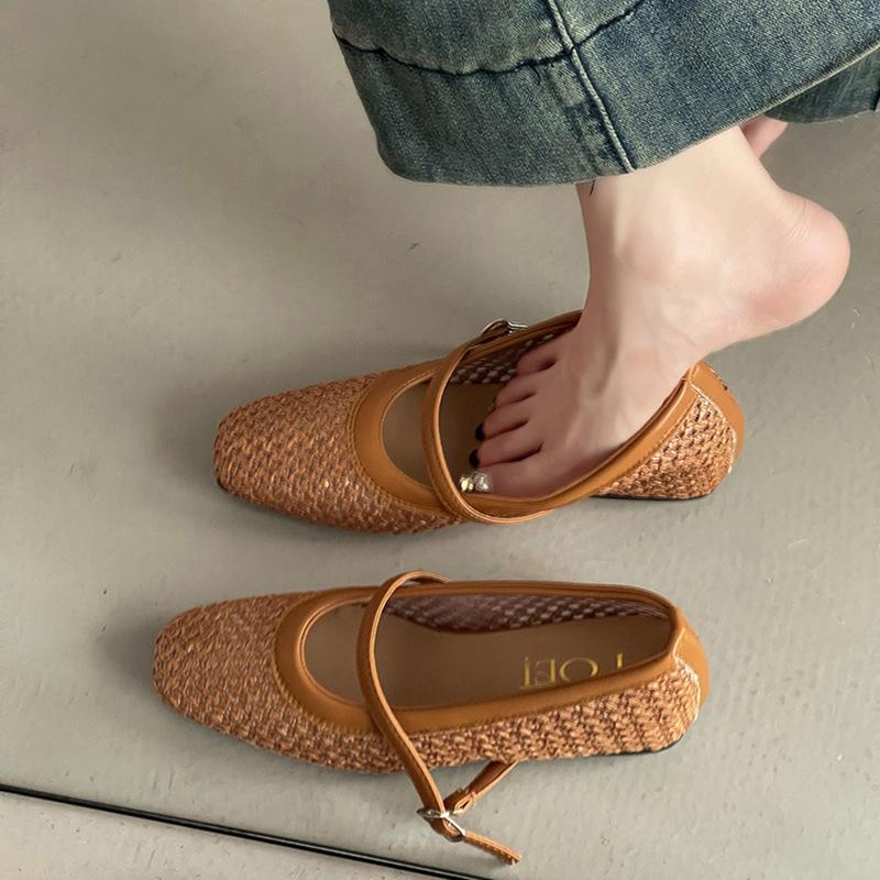 Hollow and breathable casual shoes woven square head Mary Jane shoes women's summer new fashion versatile retro