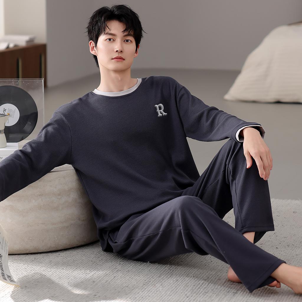 Pajamas Men'S Spring And Autumn Waffle Cotton Long Sleeve Autumn Cotton Large Size Casual Loungewear Set