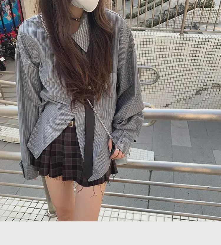 2023 Women's Loose Pinstripe Shirt Jacket - Autumn Korean College Style