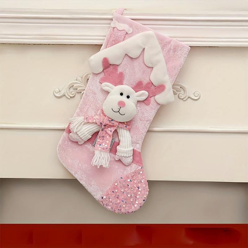 Festive Santa Claus Reindeer Christmas Stocking Pouches Pink Cartoon Roof Design with Santa Hat Scarf, Christmas Decorations