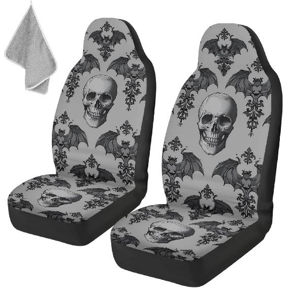 Gothic Skull Car Seat Covers Highback Bucket Seat Cover Universal Front Bucket Seat Cover,2pcs Universal Fit, Halloween Bat Auto Accessories