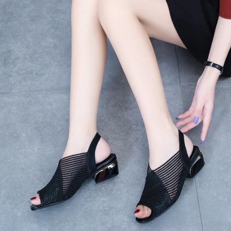 Chunk-heeled Women's Shoes Fish-mouth Breathable Sandals Plus-size Shoes