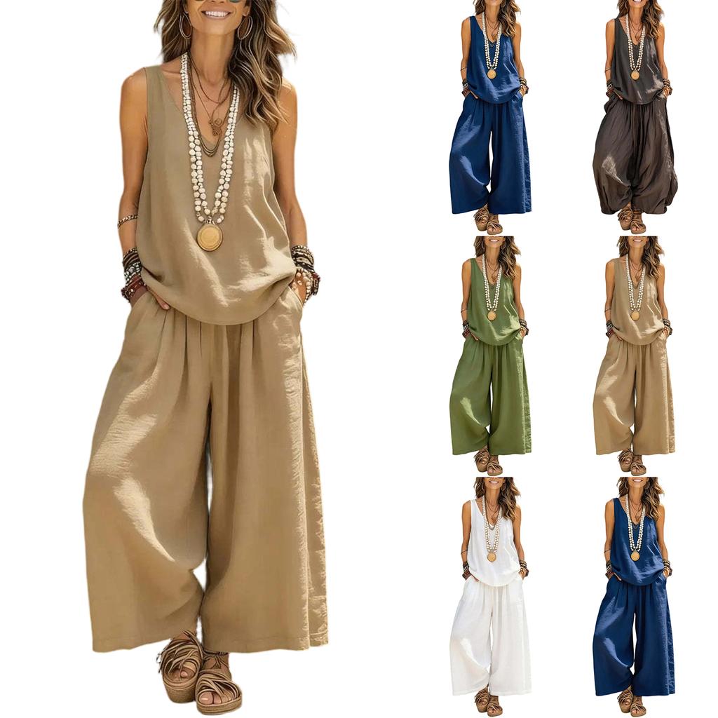 Women's Ccasual Sleeveless Vest And Wide Leg Pants Cotton Linen Set
