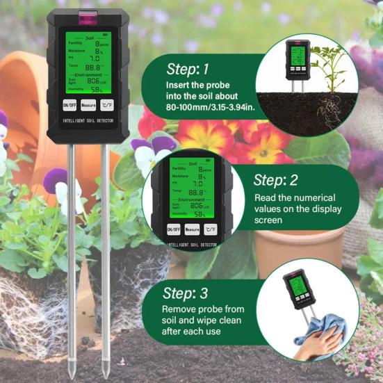 Soil Tester 6-in-1 High Precision Digital PH Moisture Temperature Light Fertility Meter with Real-time Display Soil Testing Kit