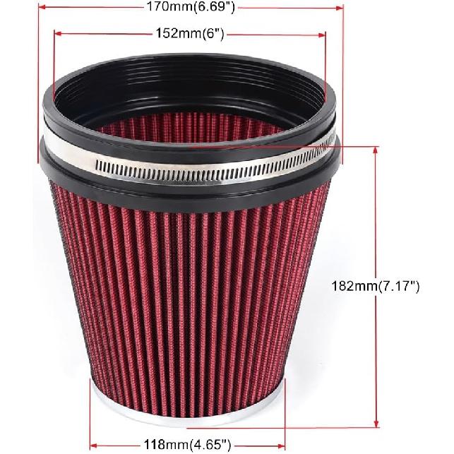 6" Inlet Cold Air Intake Filter Cone Replacement Performance Washable Clamp-On Dry Air Filters Red (6" Tall)