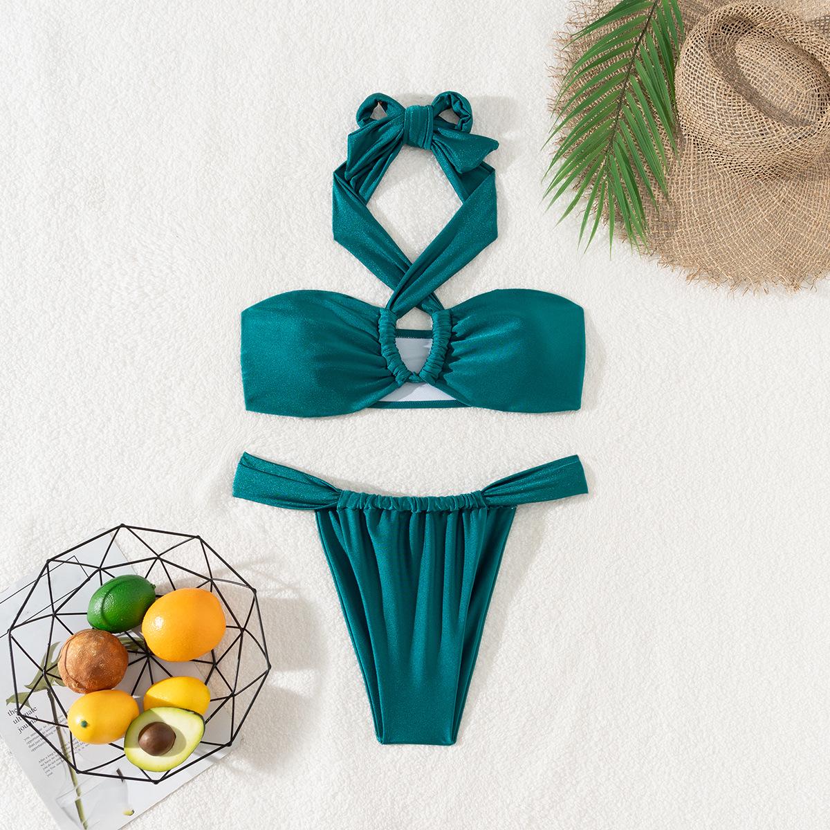 

2024 European & American Solid Color Lace-Up Tube Top Bikini S