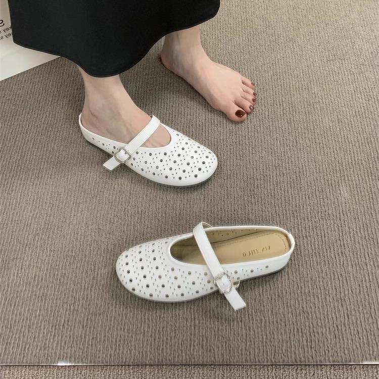 XINZHOU 2025 Summer New Ballet Hollow Breathable Without Heel Small Leather Shoes Women's Hole Shoes Bag Head Half Drag