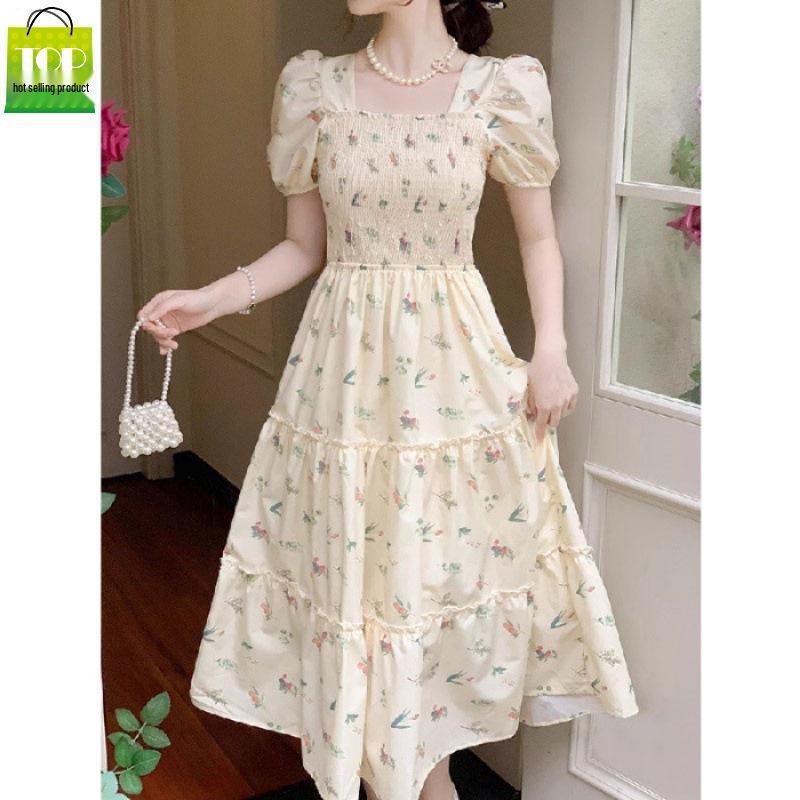 

Women s Elegant Summer Floral Dress: French Neck, Puff Sleeves, Waist-Cinching, Princess Fluffy Skirt M абрикосовий