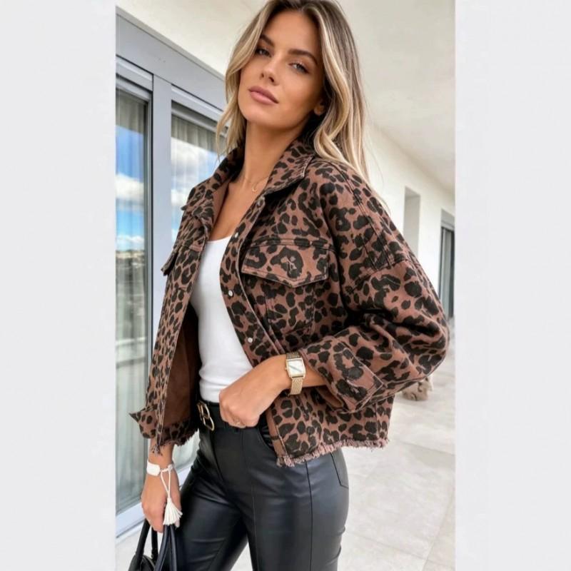 2026 Womens Oversized Denim Jacket Leopard Print Long Sleeve Casual Streetwear Top