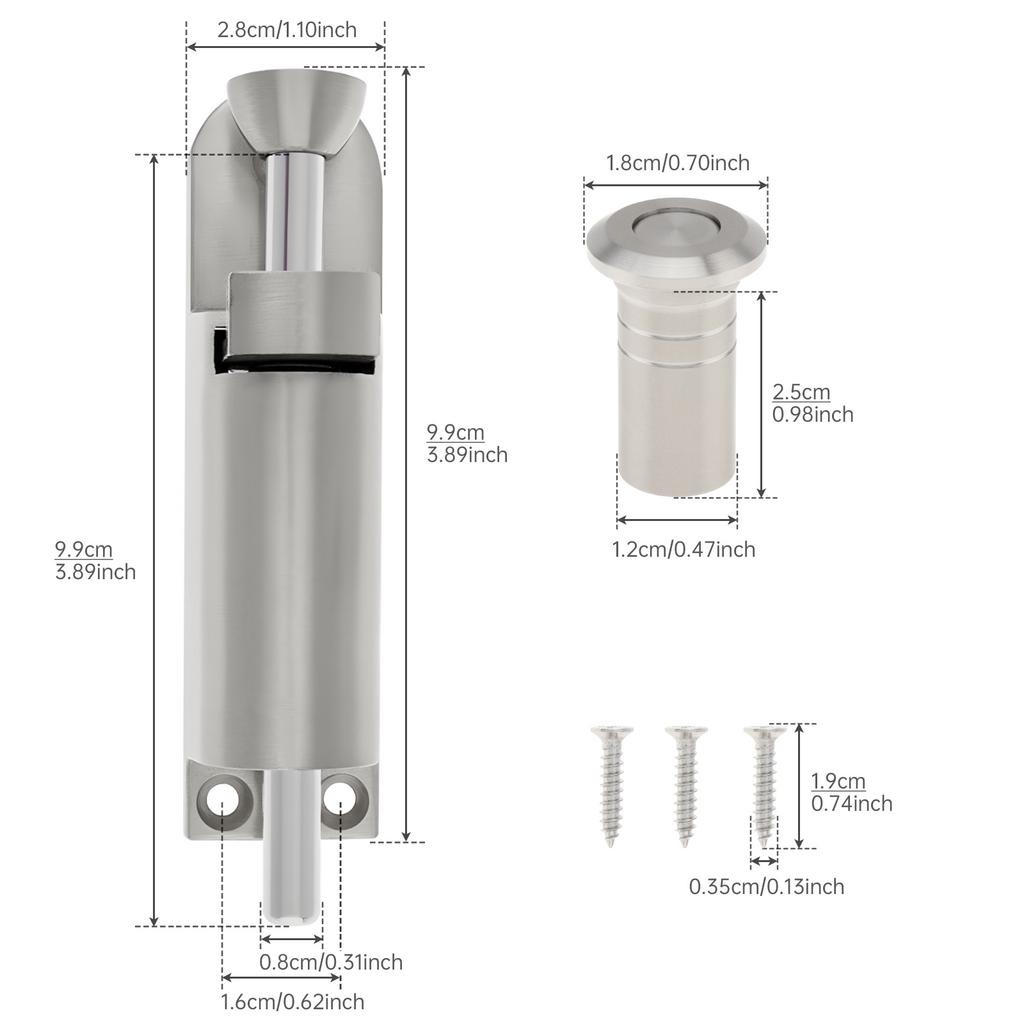 Serrure de porte coulissante à ressort en alliage de zinc 3,9 pouces, loquet à boulon robuste, comprend un boîtier anti-poussière, 3 vis, universel maison, clôture, portail
