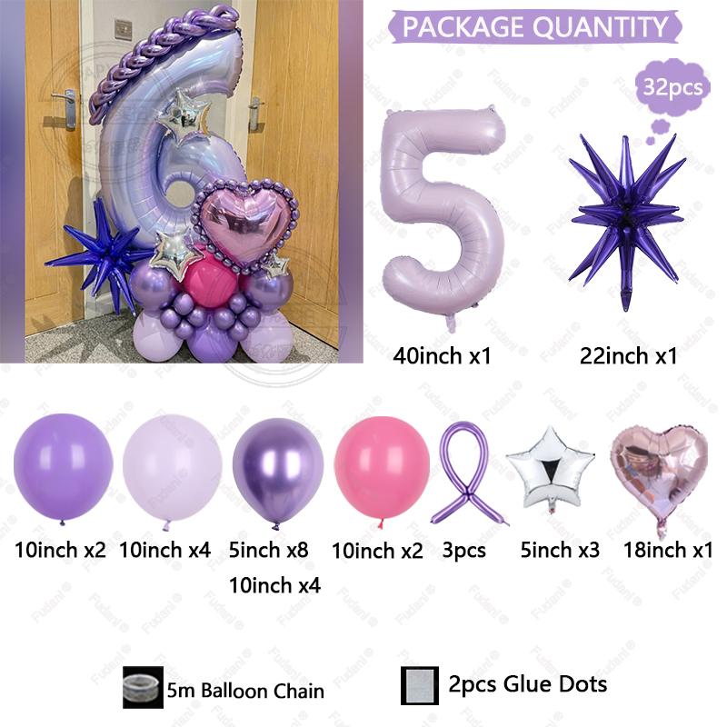 32pcs Purple Explosion Star Love Balloon 40 Inch Number 1-9 Birthday Balloon Set Children's Birthday Party Photography Props