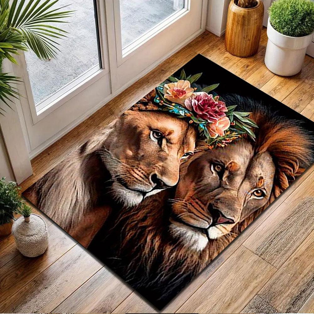 Regal Lions with Floral Crown Patterned carpet, non slip mat suitable for living room and bedroom sofas