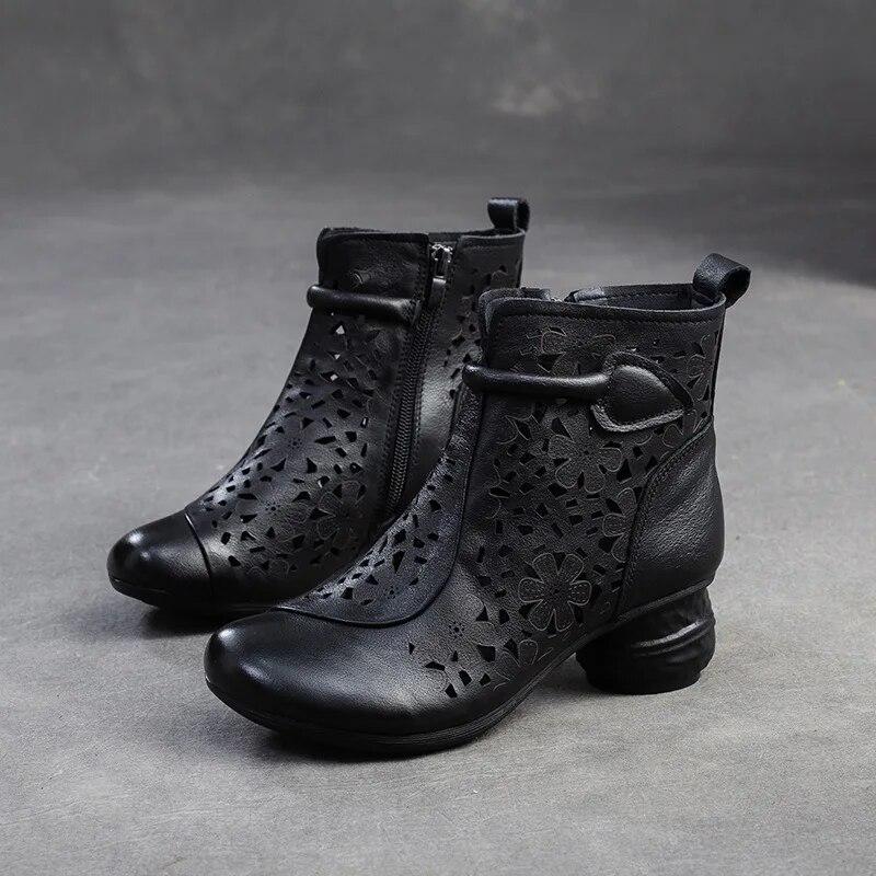 Johnature Retro Prodyšné Holínky Letní Sandály Móda z pravé kůže Dámská obuv na vysokém podpatku