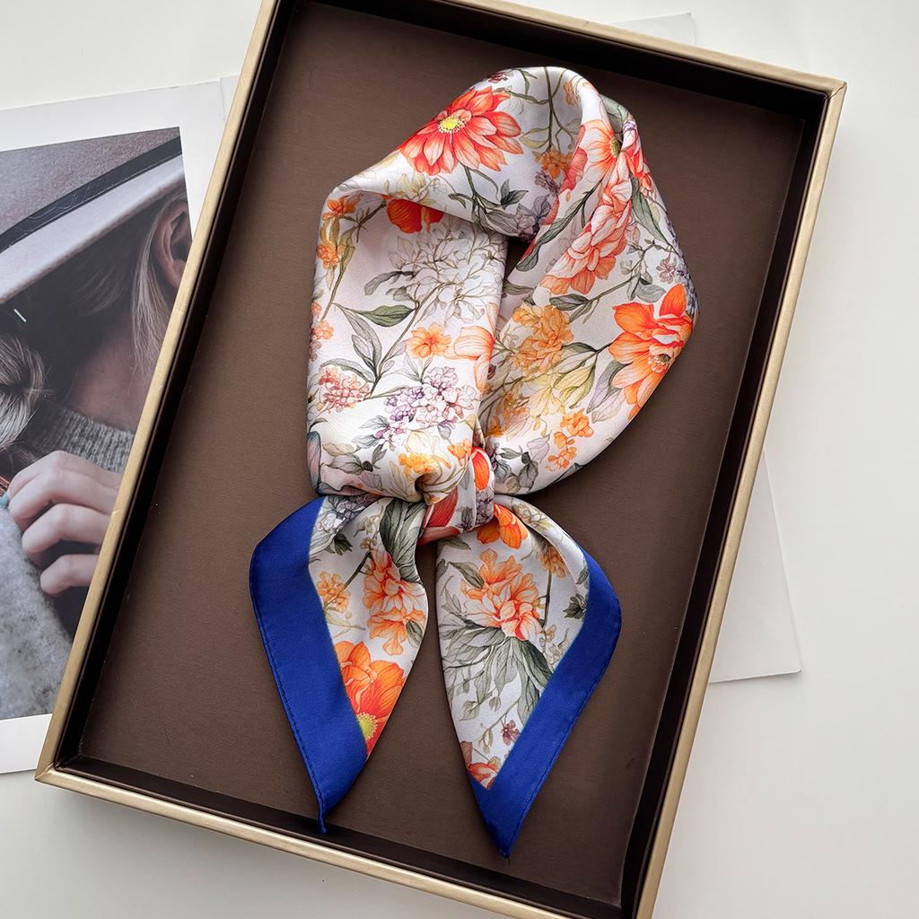 Elegant Women Square Scarf Silk Imitation Print Floral Neckerchief Bandana Foulard Lady Shawl Scarves Wrap Head Hair Band Ties