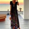 Women Plus Size Short Sleeve V Neck Maxi Dress Marble Swirl Print Loose Casual Summer Beach Long Dress