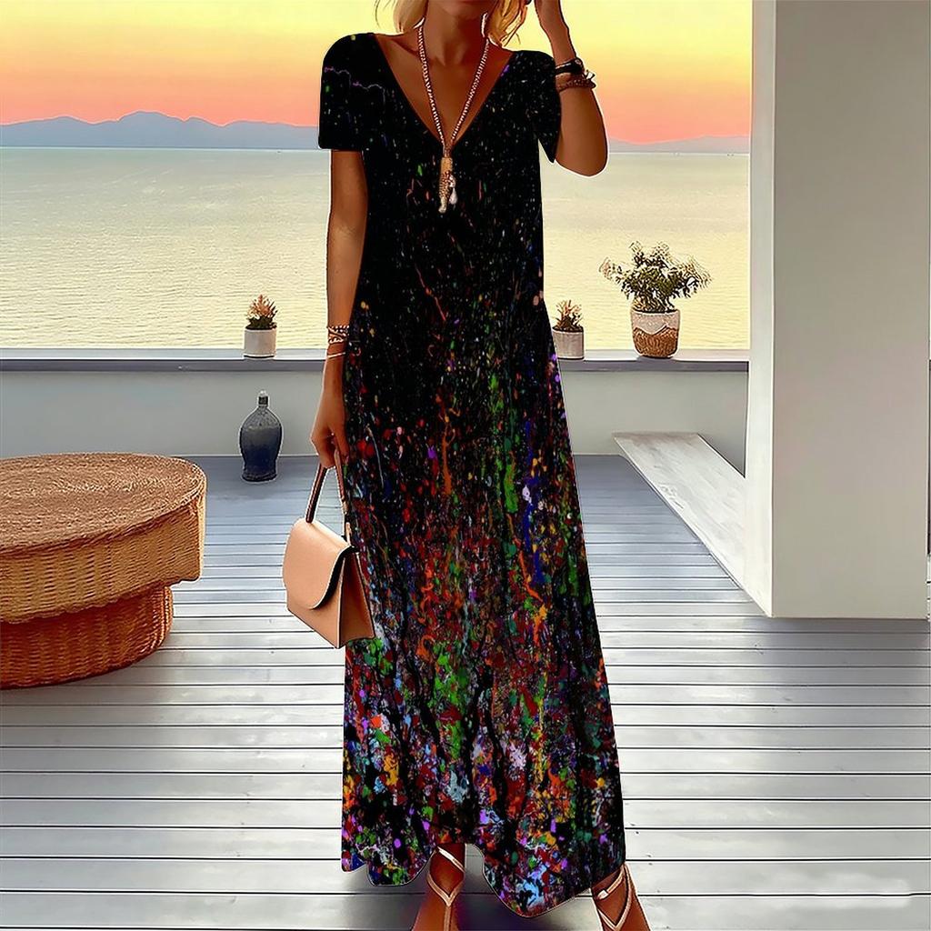 Women Plus Size Short Sleeve V Neck Maxi Dress Marble Swirl Print Loose Casual Summer Beach Long Dress