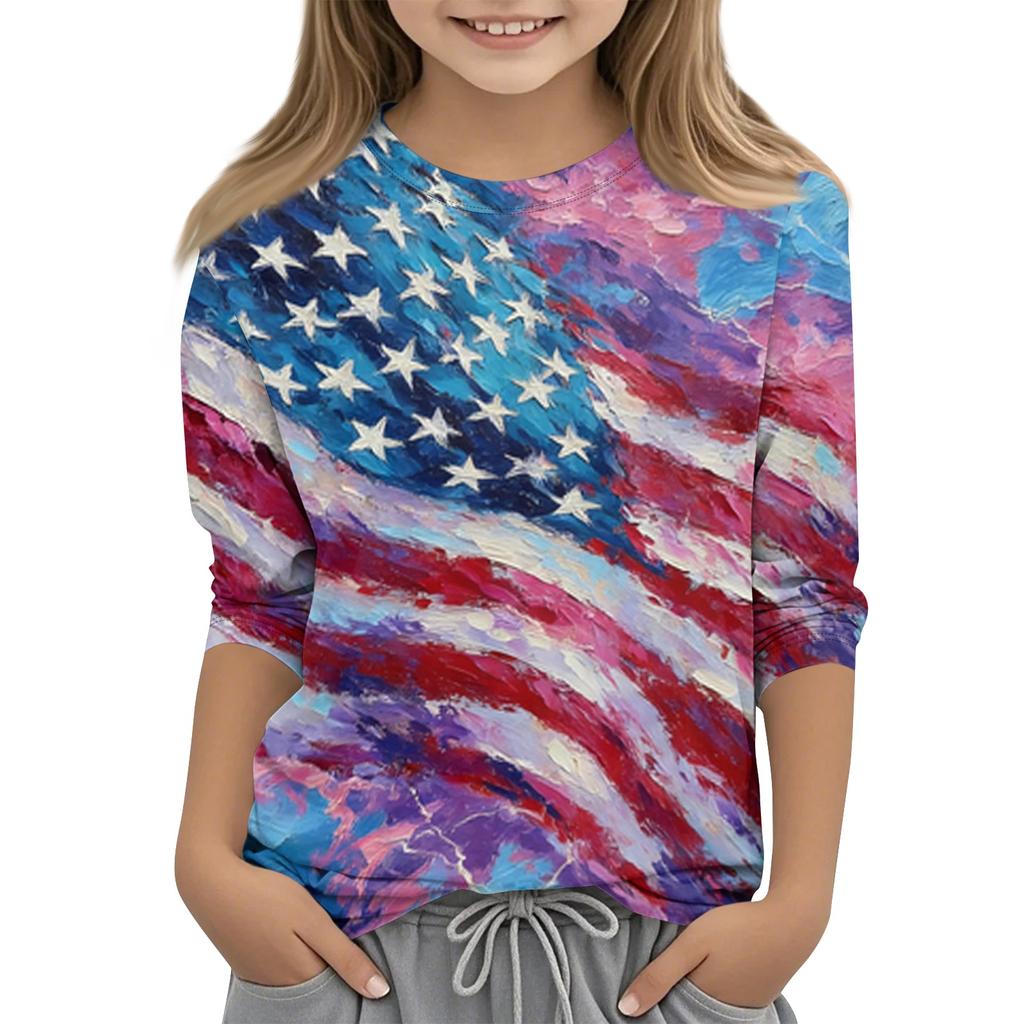 T-shirt décontracté pour enfant avec imprimé Jour de l'Indépendance, col rond, manches trois quarts