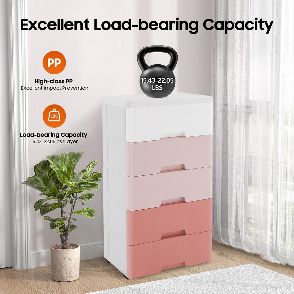 5-Drawer Storage Cabinet, 17.1x11.4x31.5in Plastic Organizer Dresser with Wheels, Modern PP Bookshelf for Bedroom, Closet, Offic