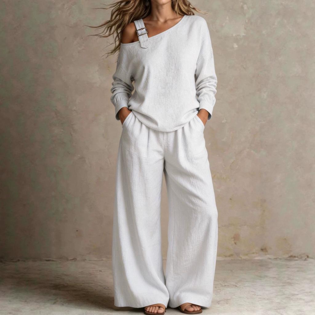 Women Off Shoulder One Sleeve Belt Detail Top Wide Leg Pants Two Piece Set Casual Loose Fit Loungewear