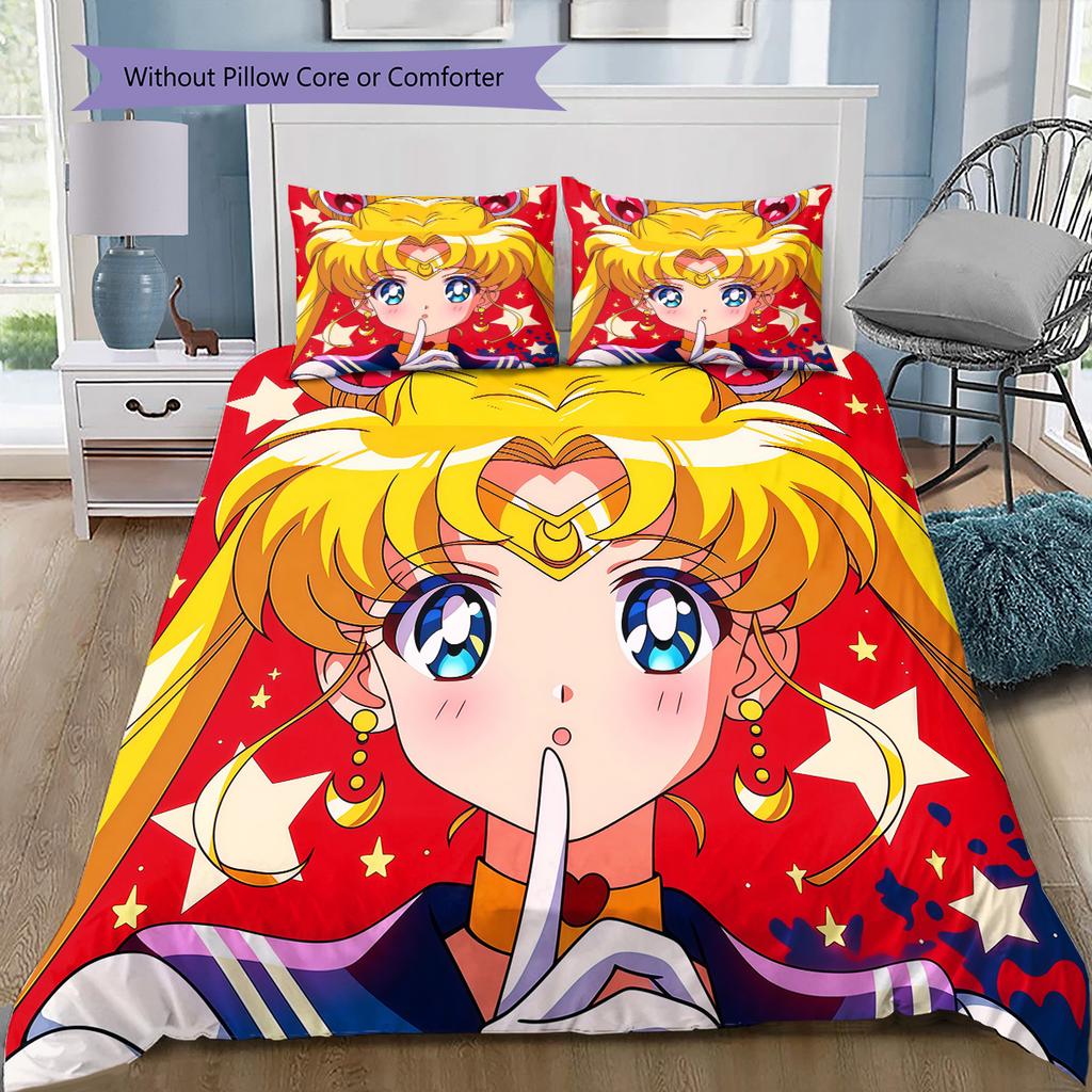Set Biancheria da Letto Sailor Moon Stampa Completa Espressioni, 1 Copripiumino & 2 Federe, Camera da Letto Accogliente, Ottimo Regalo per i Fan