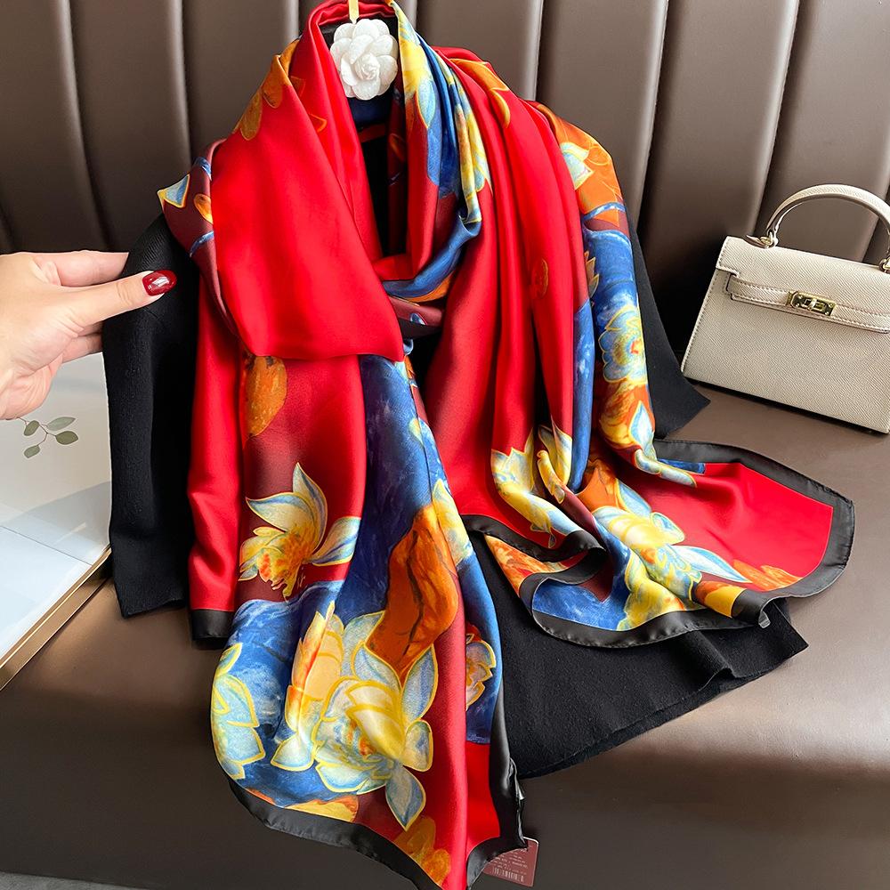 New silk scarf new silk satin printed shawl holiday fashion sunscreen long section simulation silk scarf