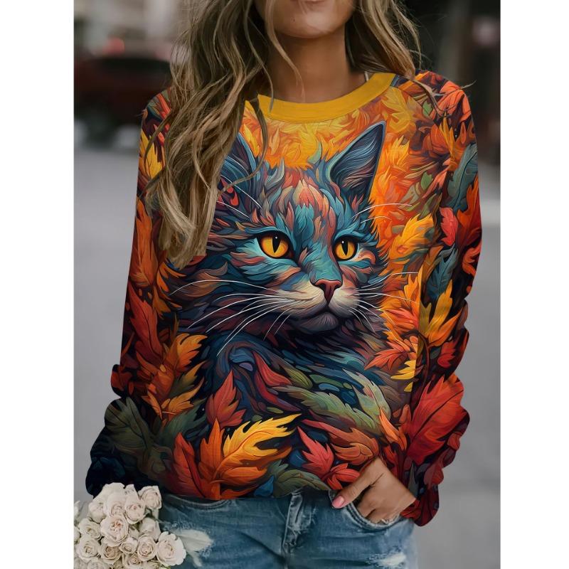Digital Printed Pullovers Cartoon Cute Cat Autumn Winter Women's Round Neck Casual Long Sleeved Sweatshirt