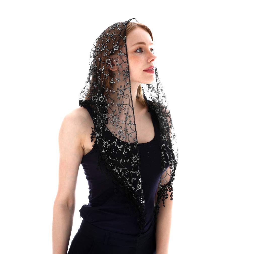 Embroidered Scarf for Church Shawl with Spanish Fringes Christian Veil Spanish Mantilla Lace Shawl Floral Women Handkerchief