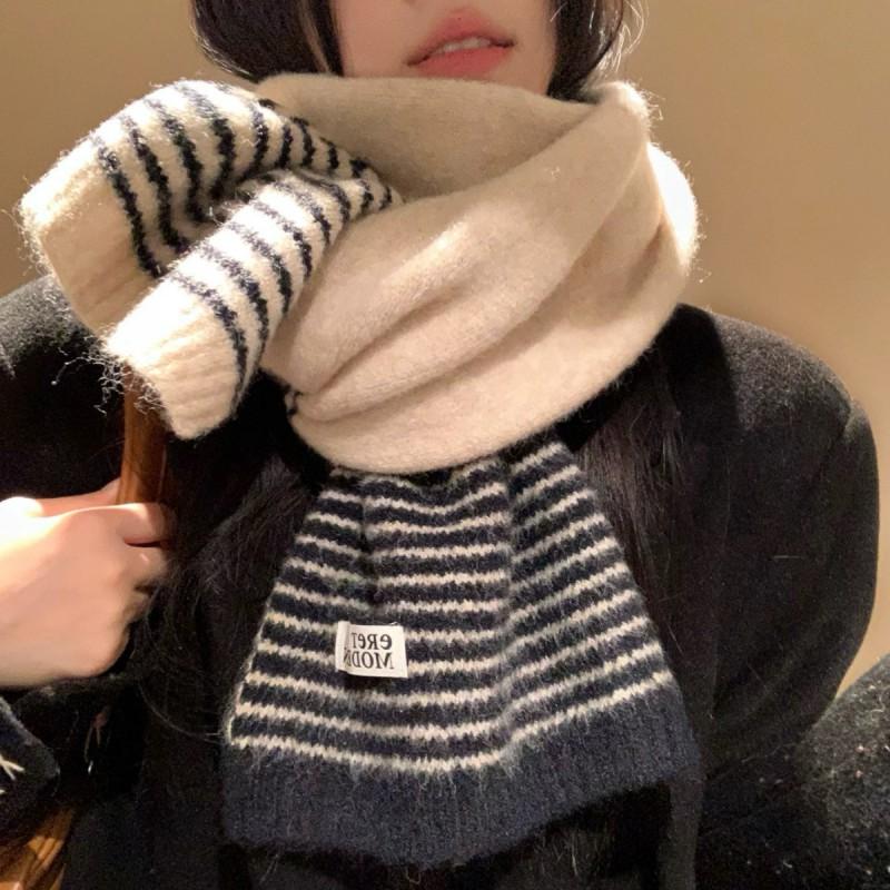 Korean Style Striped Knit Wool Blend Scarf Women Winter Warm Thick Neck Wrap