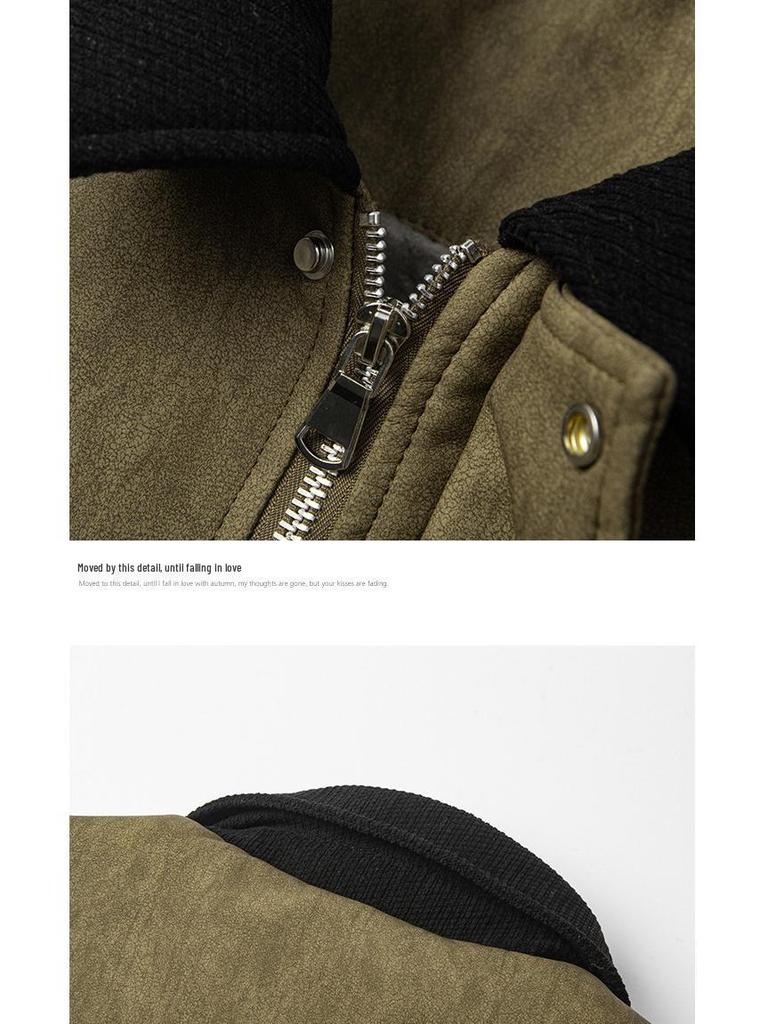Di Yu Shen Long Men's Trendy Winter Loose Color Block Fleece-Lined Leather Jacket