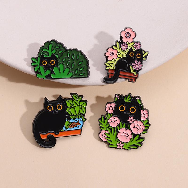 Black Cute Cat Brooch Set With Delightful Floral And Plant Motifs Perfect For Fall Fashion