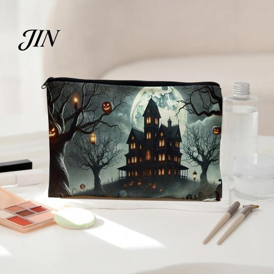 Halloween Cosmetic Bag Storage Bag, Pattern Print, Durable Canvas Zippered Organizer Travel Toiletry Case, for Makeup And Stationery Clear Print