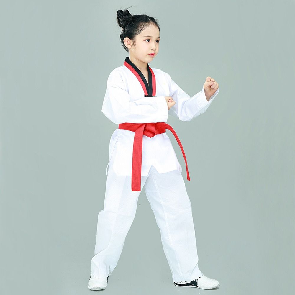 Moderne Weiße TKD Kostüme Baumwolle V-Ausschnitt WTF Karate Uniform Professionelle Atmungsaktive Taekwondo Uniformen Kinder