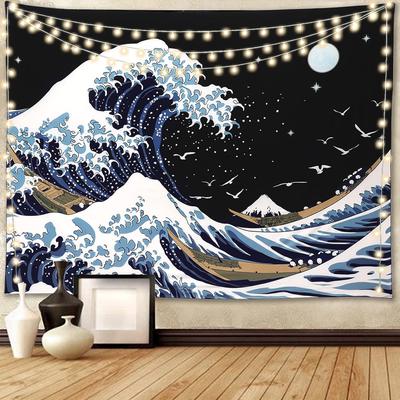 Tapisserie pour Chambre Esthétique Japonaise La Grande Vague de Kanagawa Tapisseries Grandes Tapisseries Psychédéliques Art Noir Tapisserie Murale